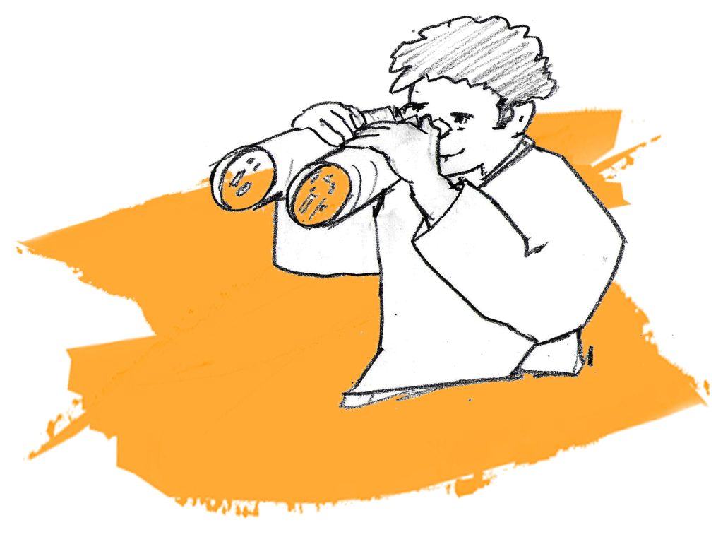 Comic: Eine Person hält mit einem Fernglas Ausschau, dahinter ein orangefarbener Farbstrich.
